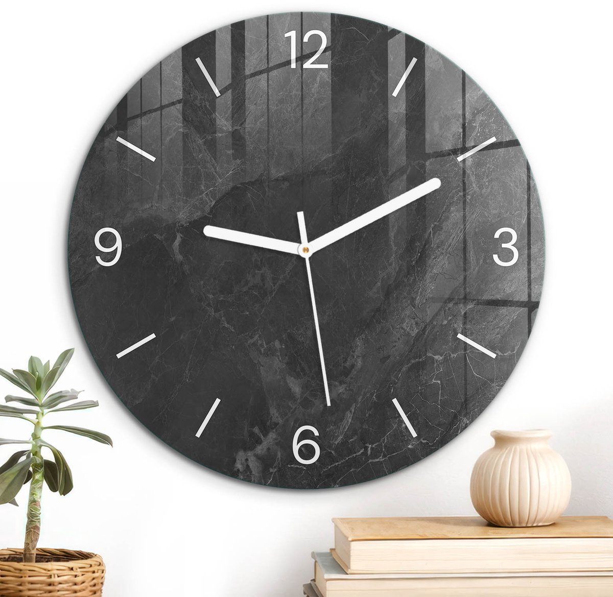ArtPrintCave Zwart Glazen Klok - Wandklok 30 cm - Muurklok Rond - Stenen Elegantie Unieke Klok - Achtergronden En Patronen Stille Wandklok - Witte Klokwijzers