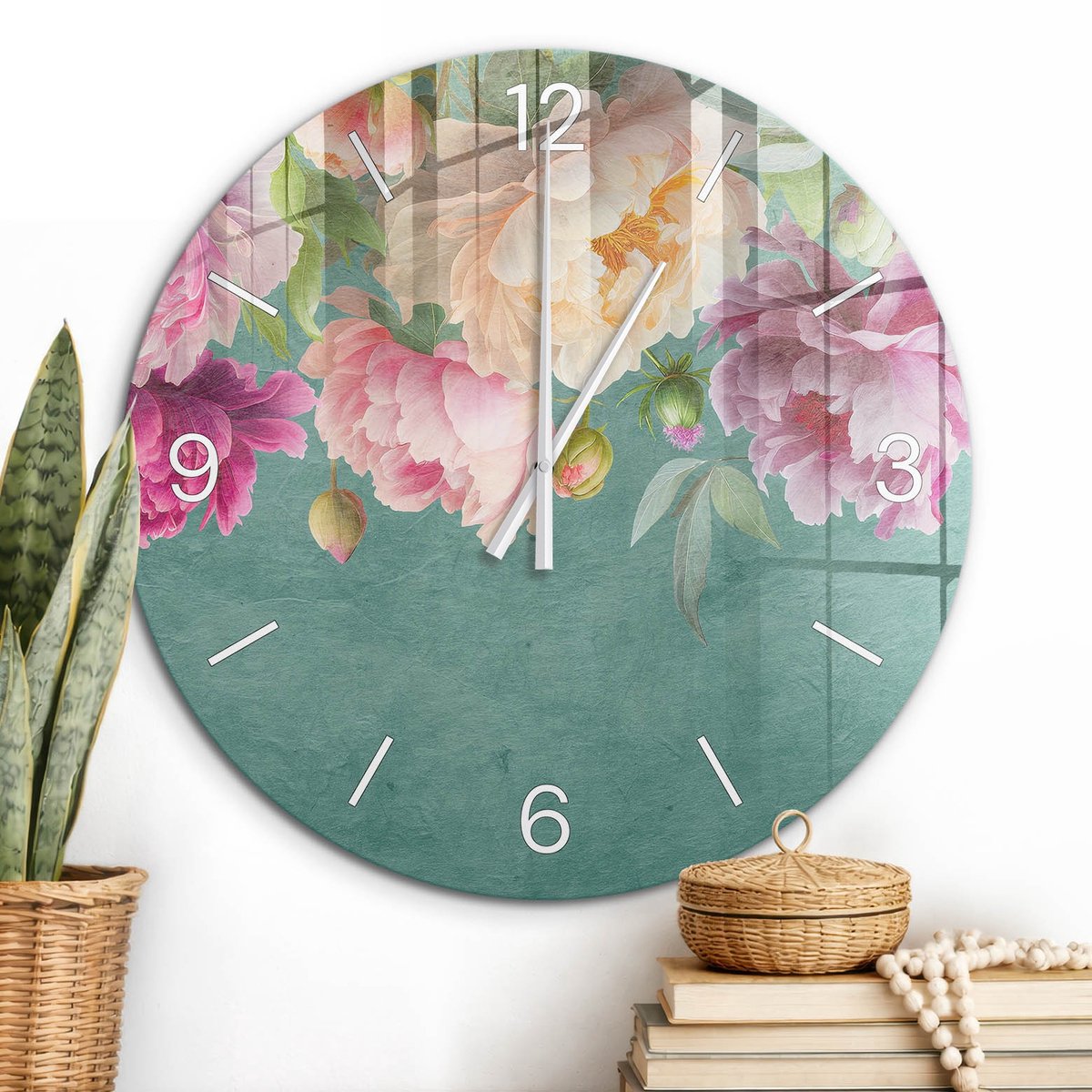 ArtPrintCave Roze Glazen Klok - Wandklok 60 cm - Muurklok Rond - Bloemenpatroon Unieke Klok - Natuur Stille Wandklok - Witte Klokwijzers