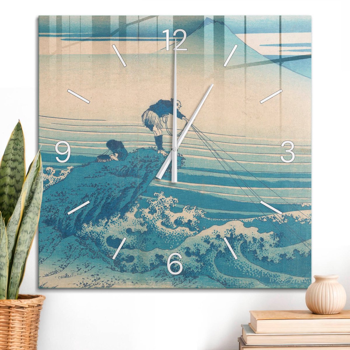ArtPrintCave Blauw Glazen Klok - 60x60 cm - Wandklok Vierkant - Vissers Van De Zee Stille Wandklok - Landschappen Wandklok Keuken - Witte Klokwijzers
