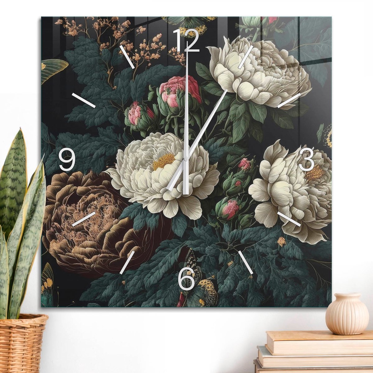 ArtPrintCave Groene Glazen Klok - 60x60 cm - Wandklok Vierkant - Bloemen En Vlinders Unieke Klok - Natuur Stille Wandklok - Witte Klokwijzers