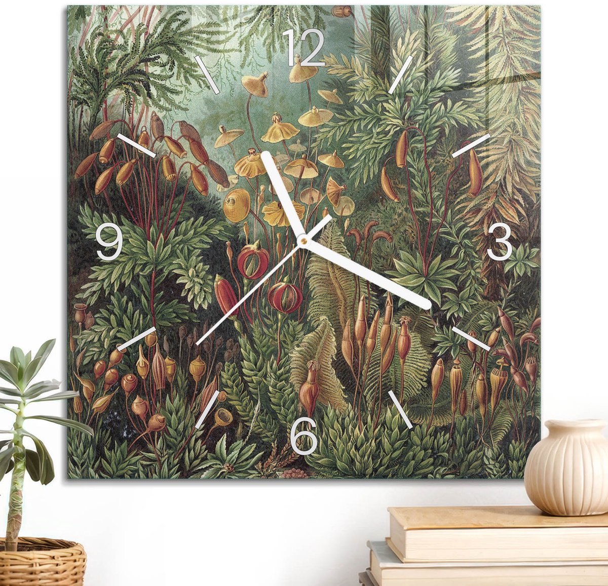 ArtPrintCave Groene Glazen Klok - 30x30 cm - Wandklok Vierkant - Retro Tuin Stille Wandklok - Natuur Wandklok Keuken - Witte Klokwijzers