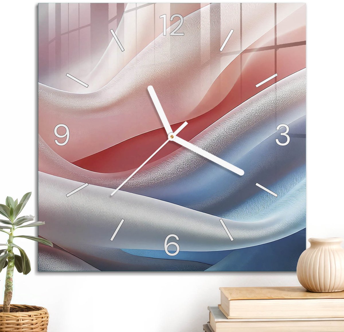 ArtPrintCave Roze Glazen Klok - 30x30 cm - Wandklok Vierkant - Pastelkleurige Stoffen Unieke Klok - Abstractie Stille Wandklok - Witte Klokwijzers
