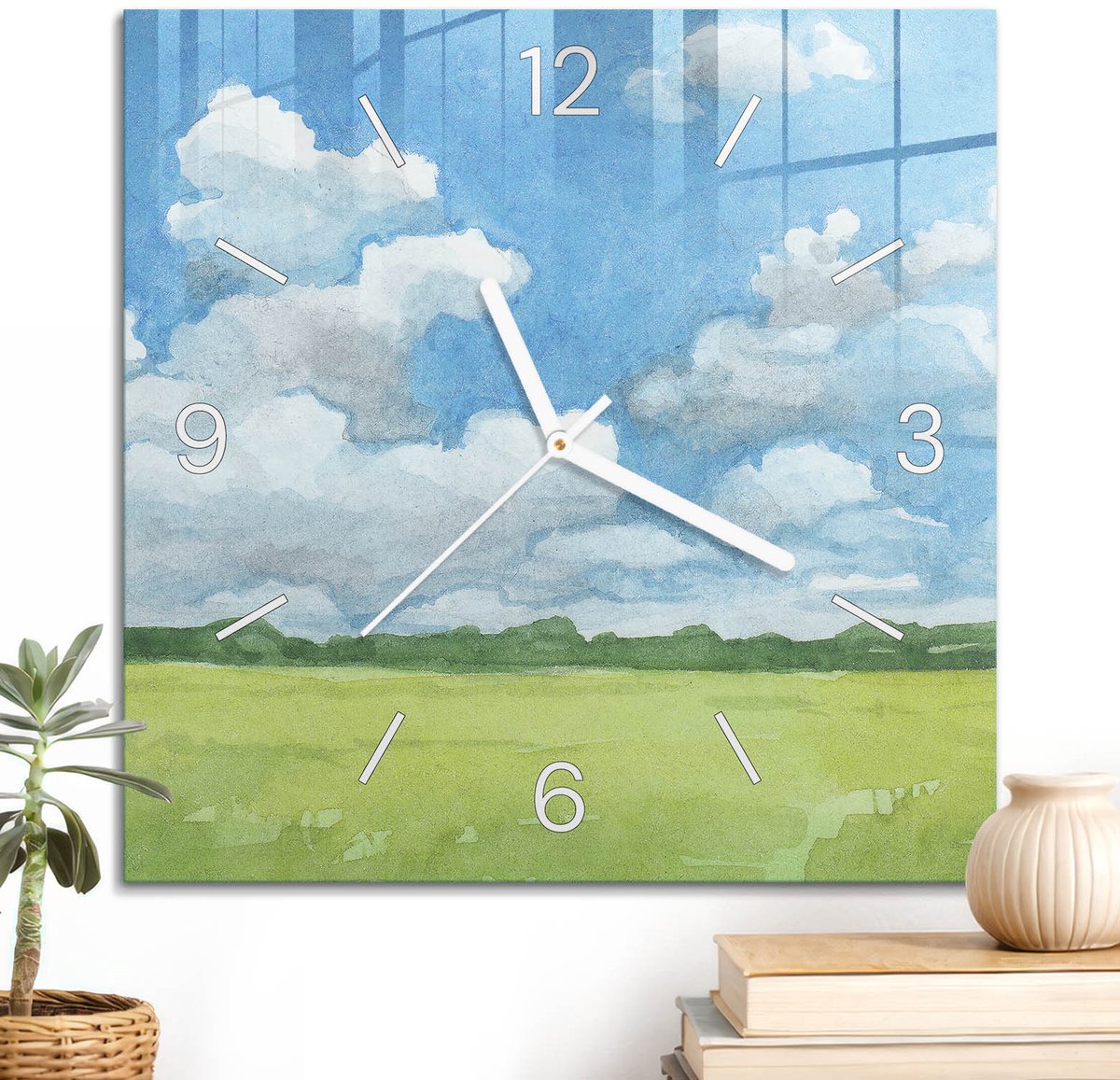 ArtPrintCave Blauw Glazen Klok - 30x30 cm - Wandklok Vierkant - Zomerpanorama Unieke Klok - Natuur Stille Wandklok - Witte Klokwijzers