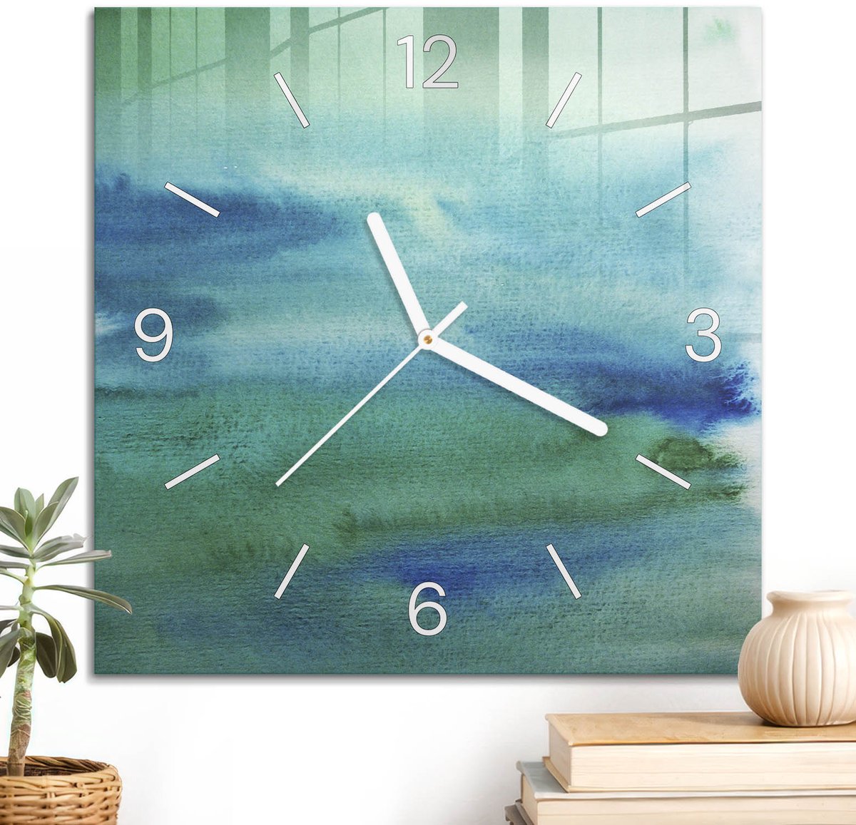 ArtPrintCave Groene Glazen Klok - 30x30 cm - Wandklok Vierkant - Kleurrijke Harmonie Wandklok Keuken - Achtergronden En Patronen Unieke Klok - Witte Klokwijzers