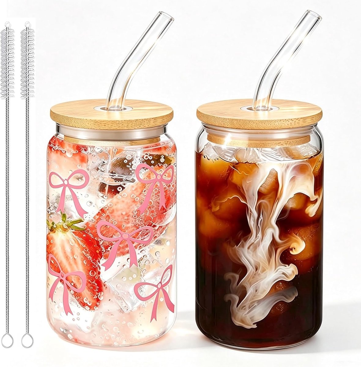 2 Stuks Drinkglazen met deksels en rietjes 16oz blikvormige glazen bekers
