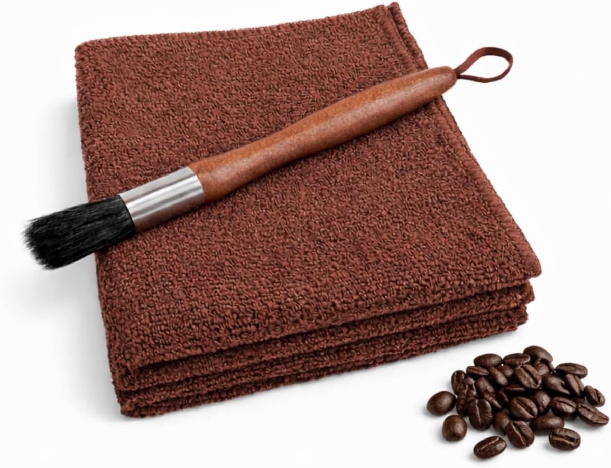 Doek set zwart (2) + houten koffiekwast (bruin)