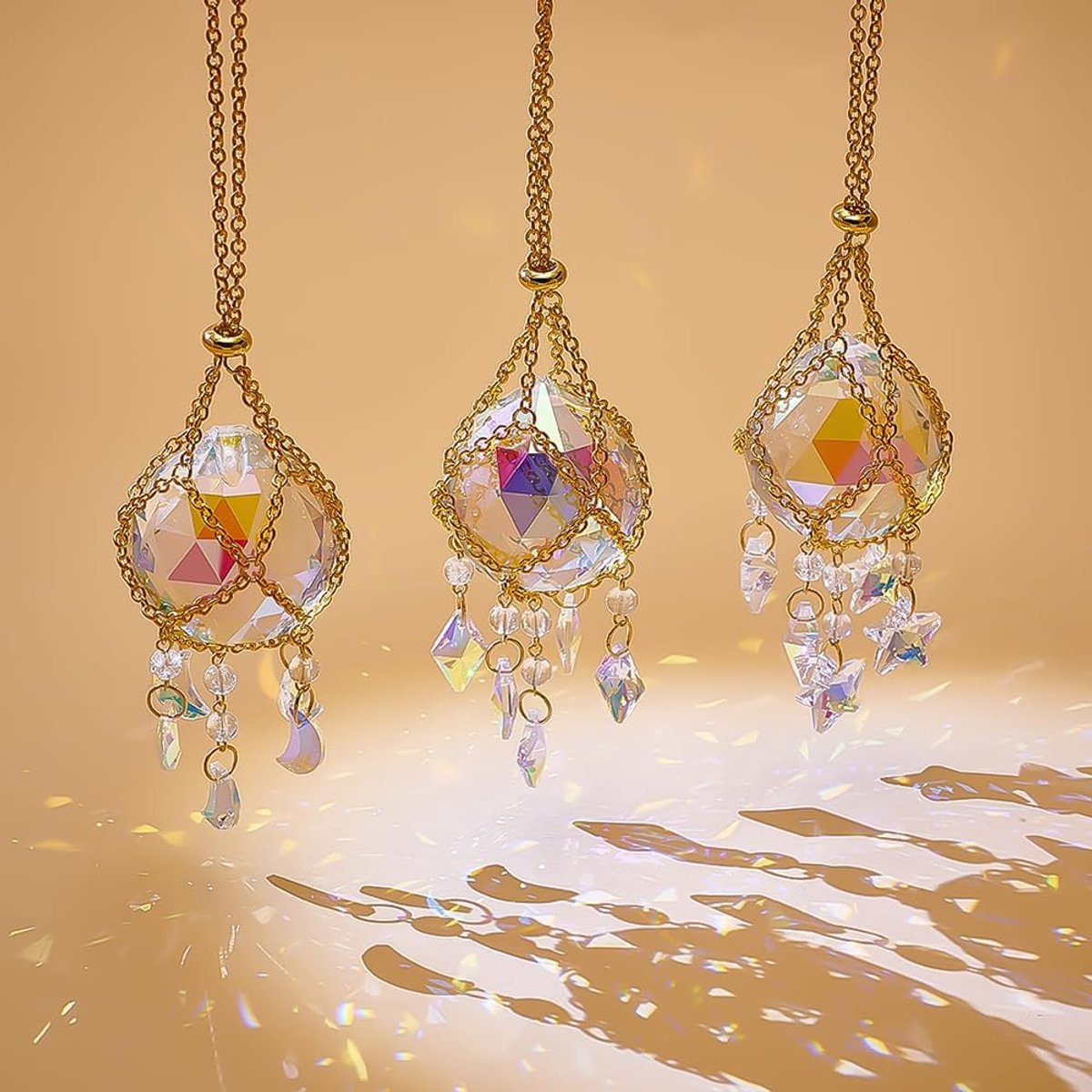3 stuks kristallen bol prisma zonnevanger hangend gouden regenboog maker raam hangende zon vangers hanger met kristallen ster ketting 28,8 mm