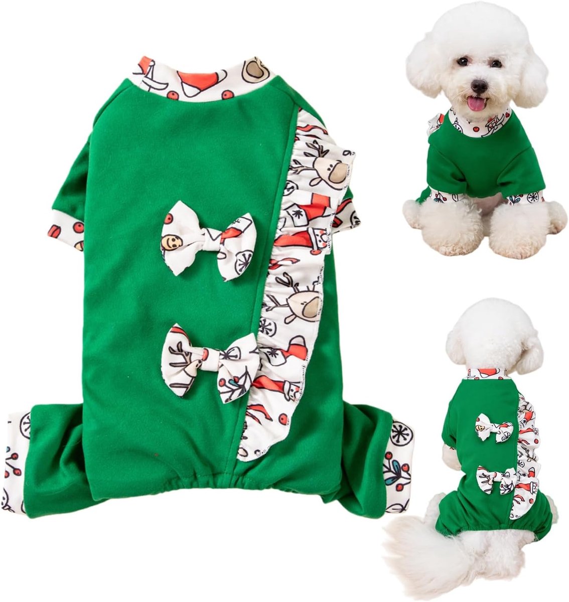 Hondentrui, vier poten hond fleece kleding huisdier koud weer jas kostuum voor kleine tot middelgrote honden en katten (groene strik, XL)