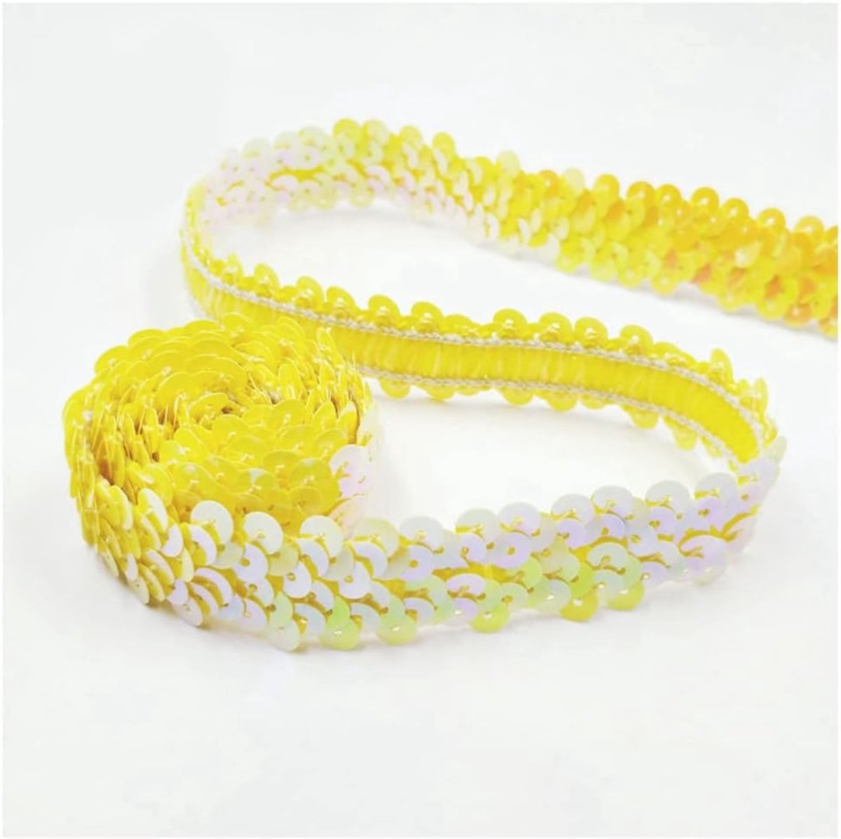 Paillettenband, elastische paillettenband, 2 cm breed, paillettenband, 2 rijen, paillettenboord, stoffen band voor doe-het-zelf naaien, kleding, handwerk, decoratie, geel
