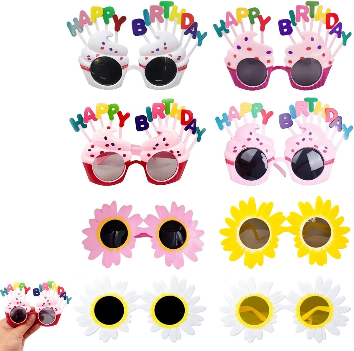 Zonnebrillen set dames – 8 stuks ronde bloemen zonnebrillen – kleurrijk feestaccessoire – zonnebrillen voor party, verkleedfeest, zomer strand, zwart wit roze geel