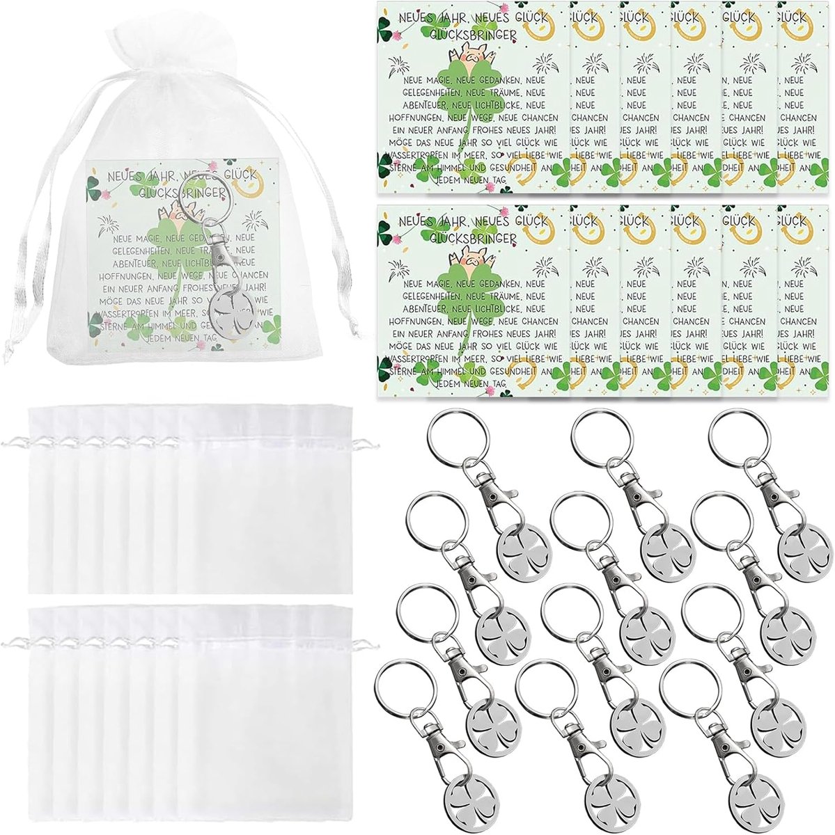 12 stuks geluksbrenger-cadeauset met 12 sleutelhangers in de vorm van een klaverblad, 12 wenskaarten, 12 organza-zakjes, nieuwjaarscadeaus voor collega's en vrienden