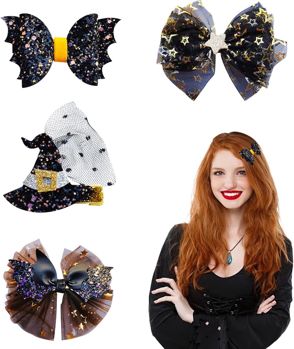 Haarspelden, zwarte glanzende strik, haarspelden, Halloween-haaraccessoires, haarspelden, tovenaarshoed voor vrouwen en meisjes, cosplay-decoratie