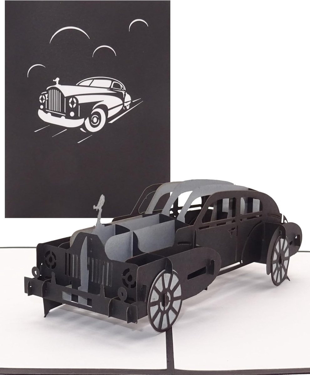 Kaart in oldtimer – in zilver & zwart - 3D-verjaardagskaart, wenskaart & kaart voor rijbewijs met 3D-automodel als cadeau, geschenkverpakking en reisvoucher