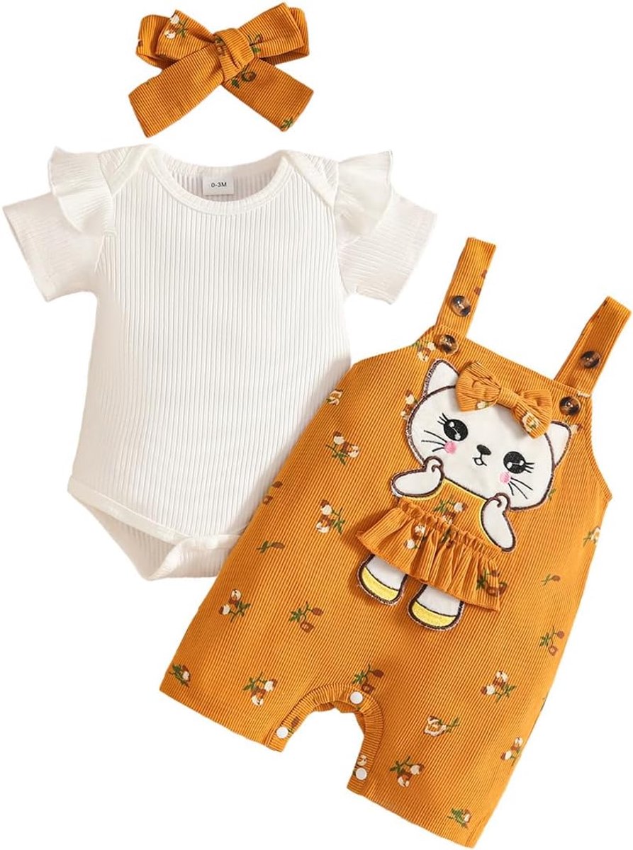 Tuinbroek voor baby's, meisjes, bedrukt bovendeel met ruches mouwen + broek met verstelbare bandjes + hoofdband voor lente en herfst