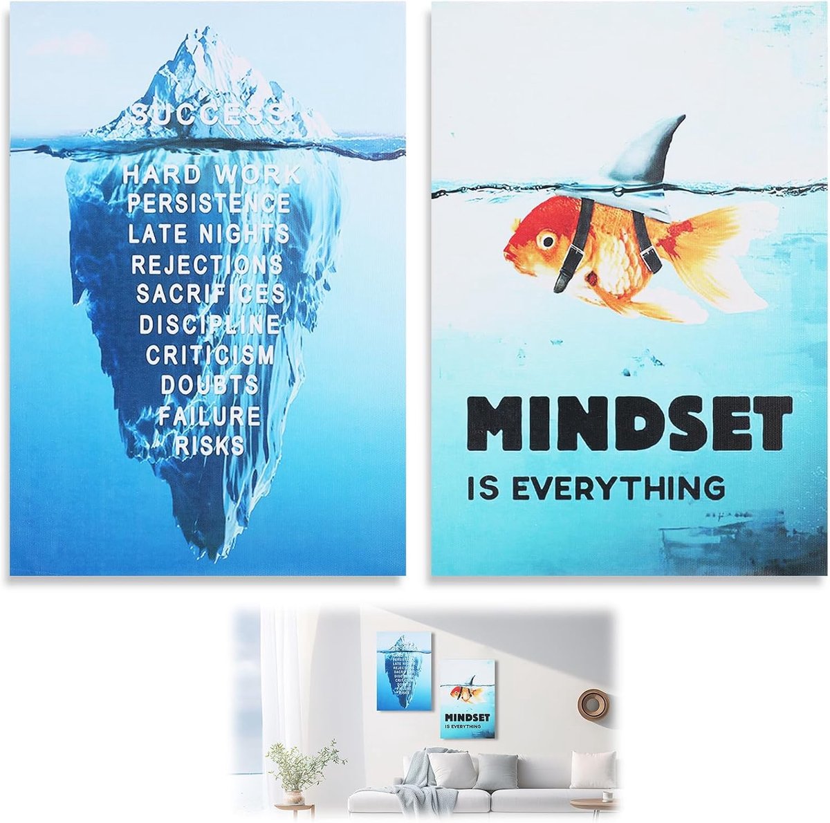 Set van 2 moderne decoratieve canvasdoeken zonder lijst, "Mindset is Everything", haai goudvis en ijsberg, 20 x 30 cm, op schildersdoek, inclusief ronde dubbelzijdige nano-lijm voor bevestiging
