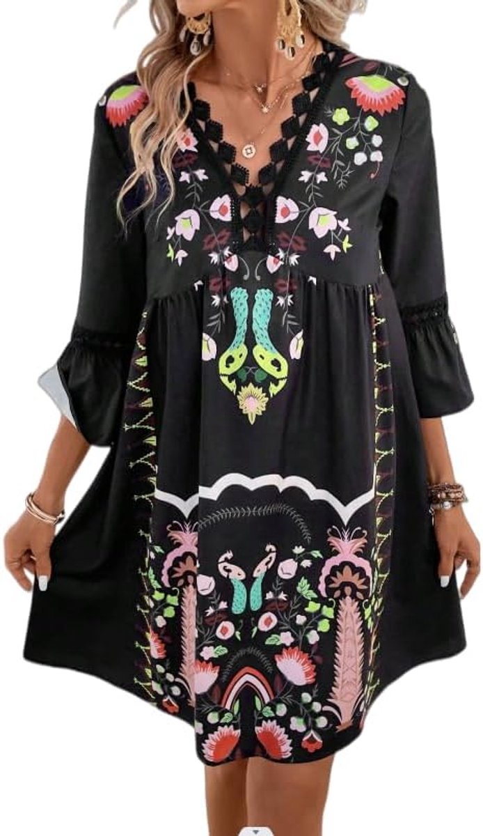 Damesjurk met V-hals, kanten inzetstukken en boho-print, casual, wijd gesneden strandjurk