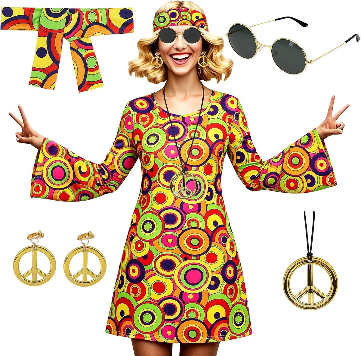 Hippiejurk voor dames, jaren '60 en 70, discooutfit met ketting, oorbellen, zonnebril en band, jaren '60 en '70, retro hippiekleding voor Halloween, carnaval, cosplay, feest
