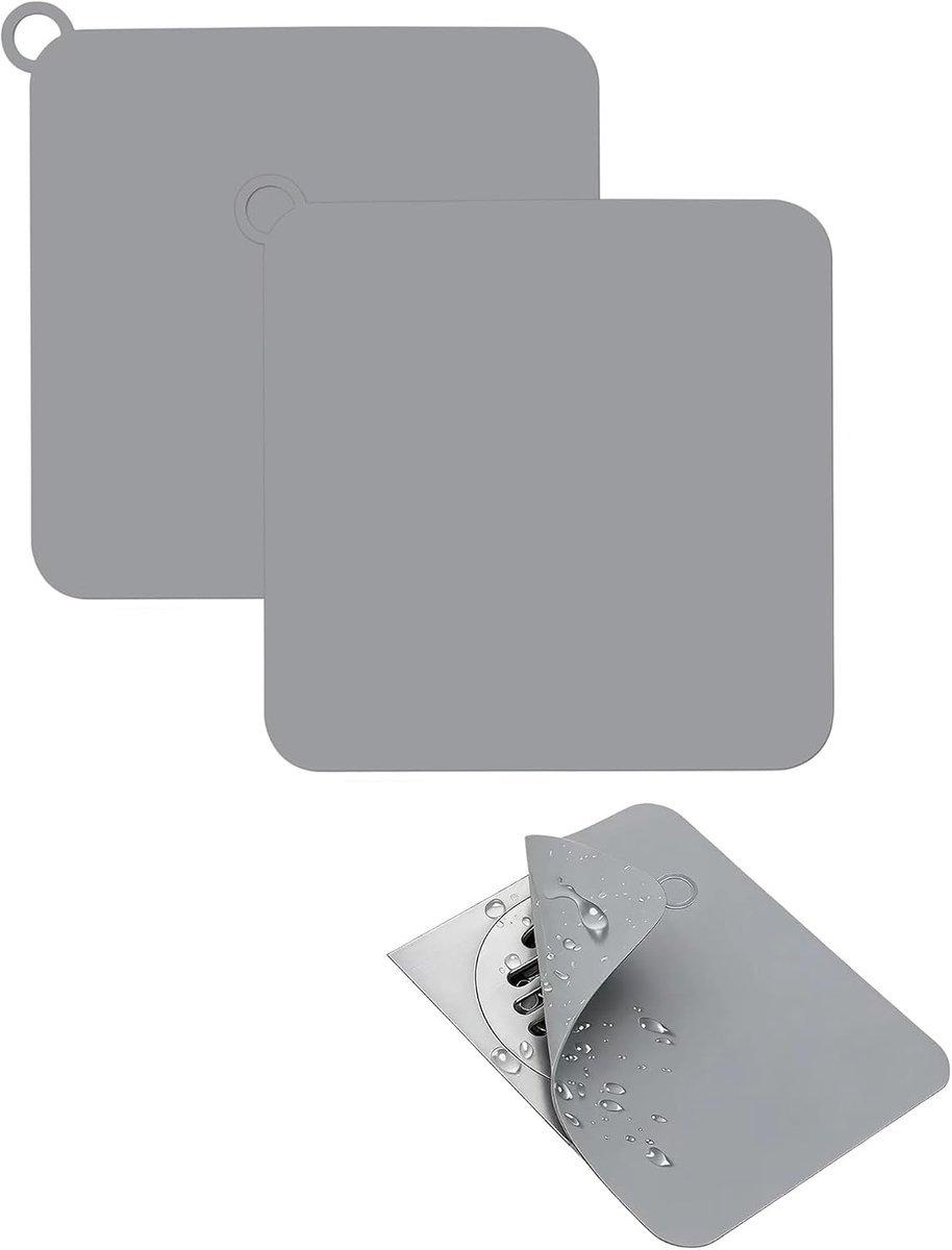Stoppen voor vloerafvoer, 20 x 20 cm, silicagelafdichting, effectieve ontgeuring voor afvalwater, douche, wastafel, toilet, badkamer, keuken, 2 stuks, grijs