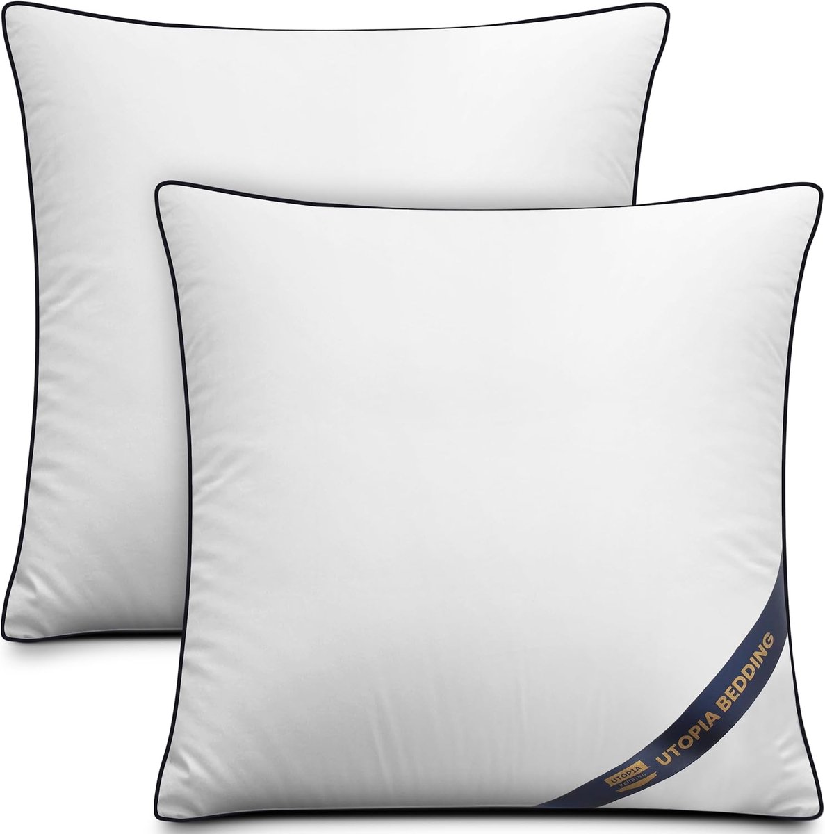 Sierkussens set van 2, vierkant, 60 x 60 cm, wit, met sierlijke biezen, gevuld met polyester, voor bank en bed