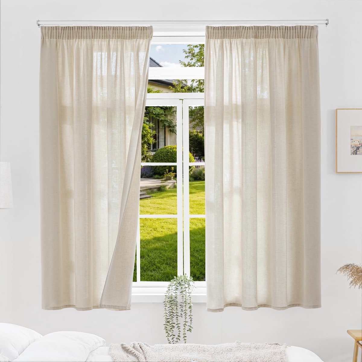 Gordijnen met 35% echt linnen, met plooiband, halftransparant, set van 2, H 160 x B 140 cm, lichtfilterende gordijnen, linnenlook, moderne stijl voor woonkamer, slaapkamer, keuken, kantoor