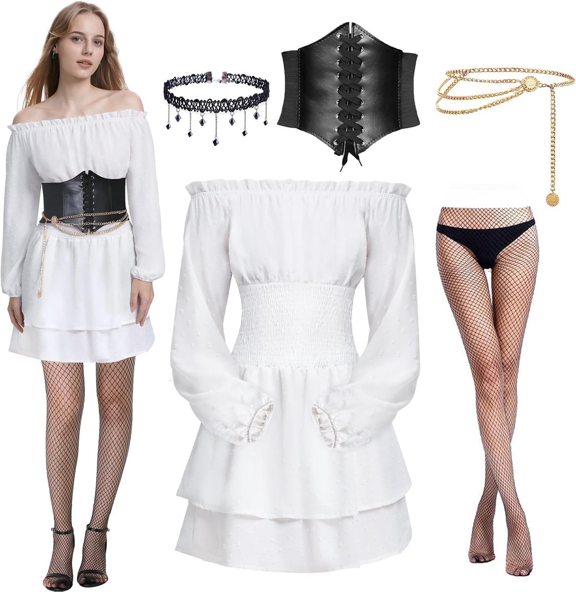 Middeleeuws piratenkostuum voor dames, renaissancejurk, kort, off-shoulder, witte jurk met korset, riem, kous, tailleketting en halsketting voor carnaval, kostuum, cosplay