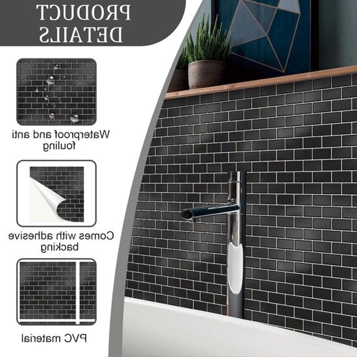 30 waterdichte tegelstickers - Vinyl van 15 x 15 cm voor keuken en badkamer, met zwart-witbaksteenpatroon, voor muurdecoratie en trappen