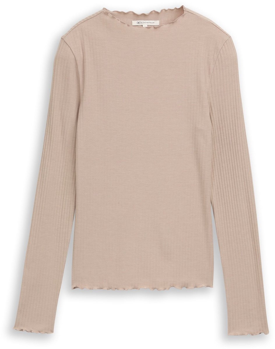 Tom Tailor Denim - T-shirt met lange mouwen en geribde structuur - Maat S - atmosphere beige melange