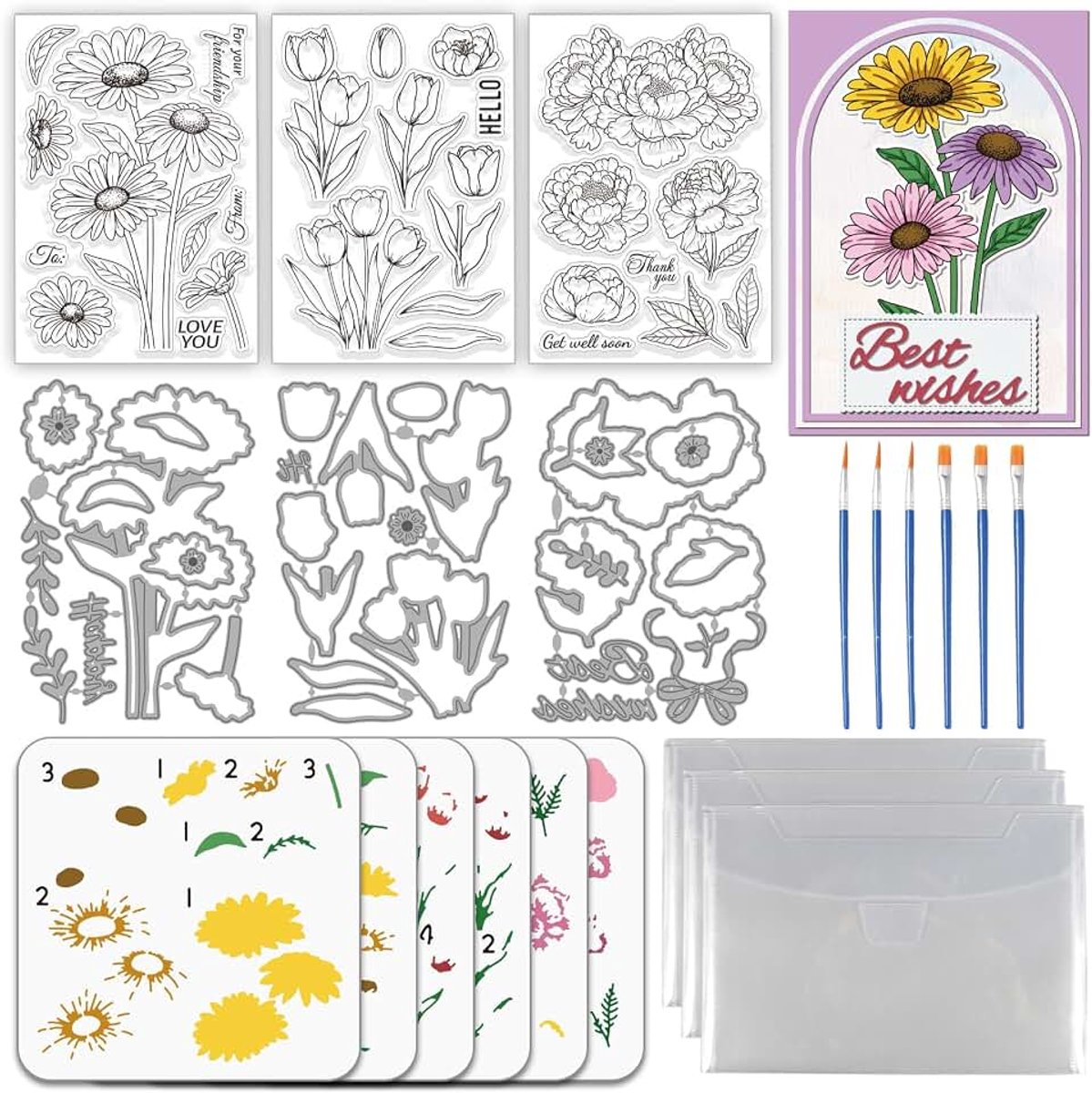 Bloemenstempels en stanssjablonen en schildersjablonen voor het maken van kaarten, madeliefjes, tulpen, pioenrozen, stempels en metalen stansvormen, PET-lagen, schildersjabloon