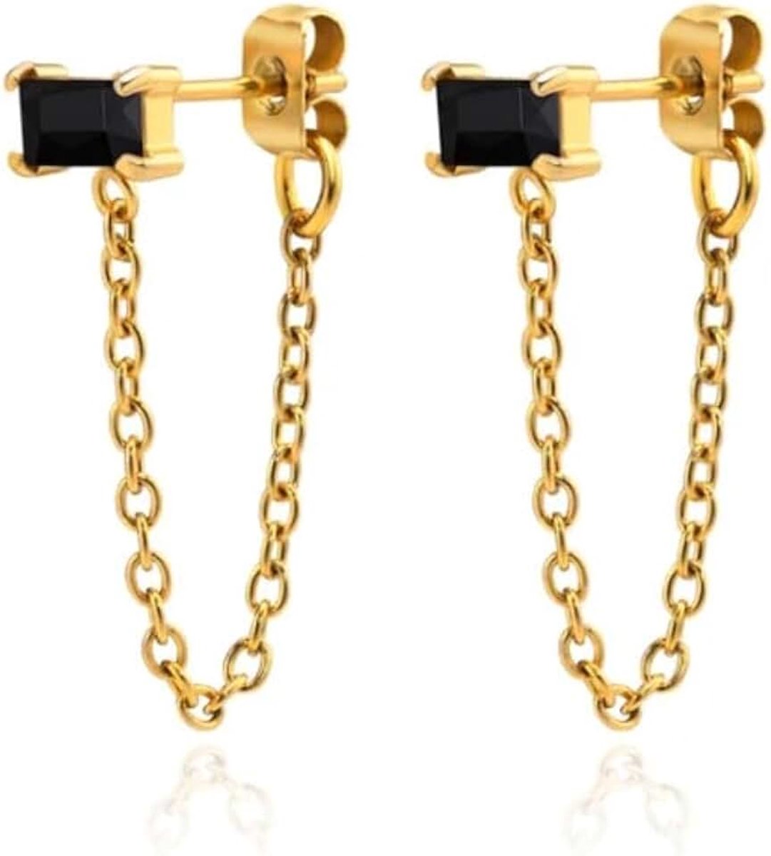 Oorbellen - Goudkleurig Roestvrij Staal met Zwarte Zirkonia, Knop en Ketting