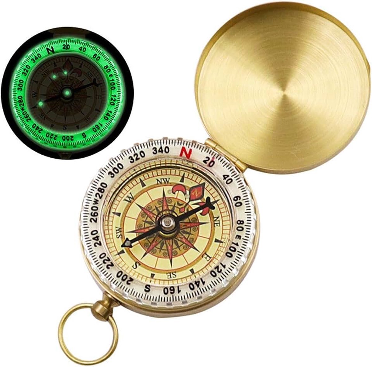 Jonyx - Kompas - Kampeertools - Survival - Messing - Glow in the dark - Goudkleurig - Rond - 5 cm