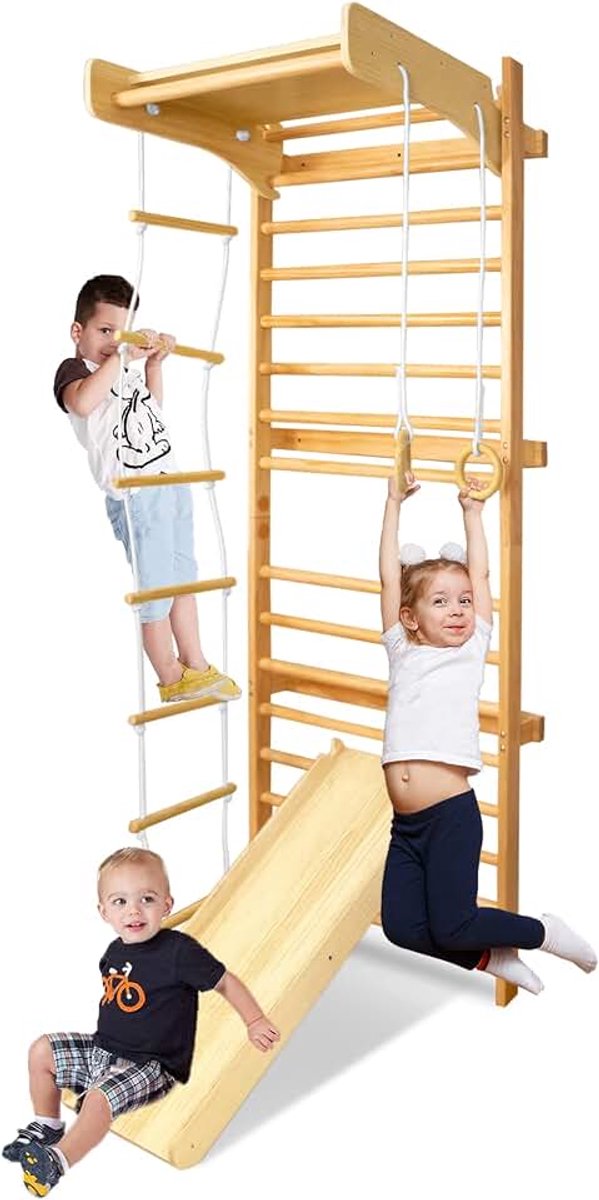 Multifunctionele Sprossenwand Set voor Kinderen, Houten Klimrek Indoor - Klimwand, Klimrek, Turnrek - Beste Fitnessstudio voor het hele Gezin, Sportapparatuur jaar, LARS-(ELC1071A)