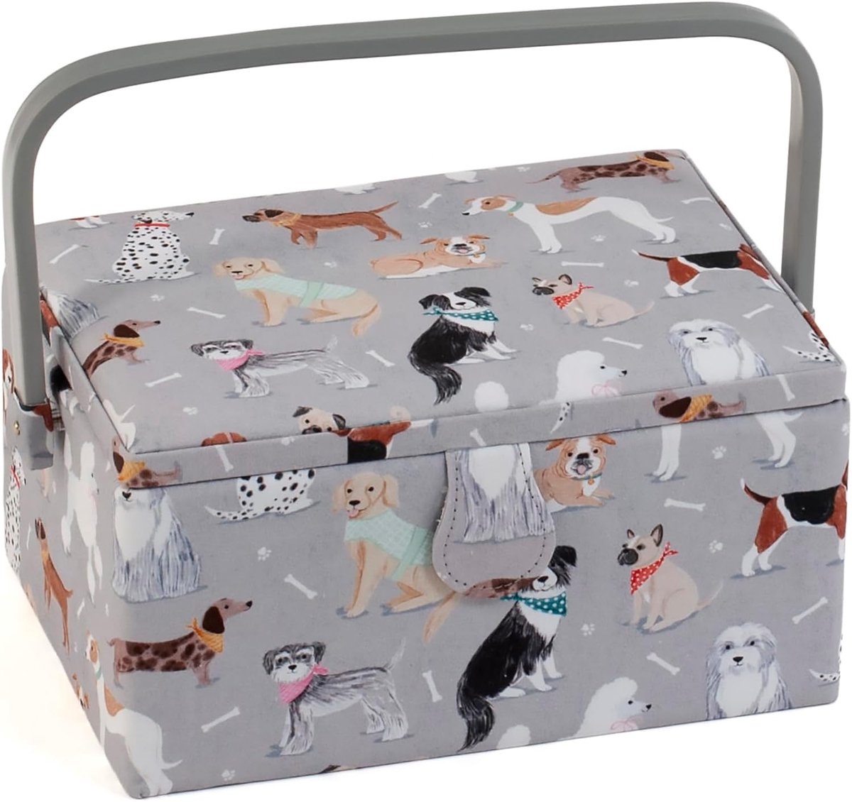 Gift Exclusieve medium naaidoos, knutseldoos, accessoirelade, speldenkussen, PVC-handgreep, 18,5 x 25,5 x 14,5 cm, grijze honden