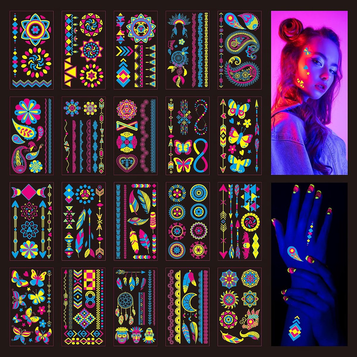 Tijdelijke tatoeages, grote vellen goud metallic festival accessoires | muziek festival accessoires | festival glitter gezicht | henna tattoo | flash tatoeages opplakken dames (20pcs | Neon)