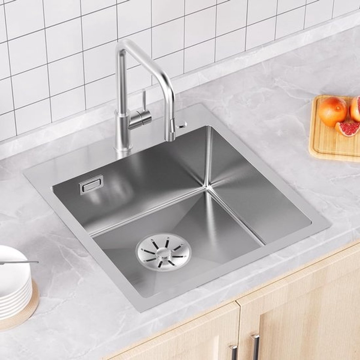 Spoelbak keuken 45x48cm, gootsteen roestvrij staal 304 hoekig incl. sifon, wastafel keuken voor onderkasten vanaf 45 cm breedte, keukenspoelbak 1 wastafel inbouwspoelbak roestvrij stalen