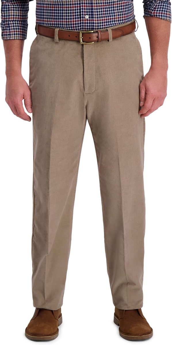 Heren Broek Corduroy Classic Fit Flat Front Expandable Waistband Pant