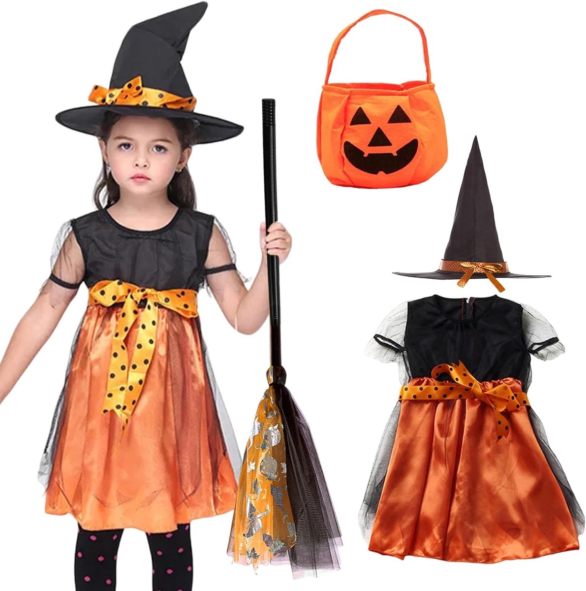 Meisjes, Halloween heks kostuum, Halloweenkostuum kinderen met heksenrok, heksenhoed, heksenbezem, heksenpak meisjes voor carnaval, Halloween, cosplay
