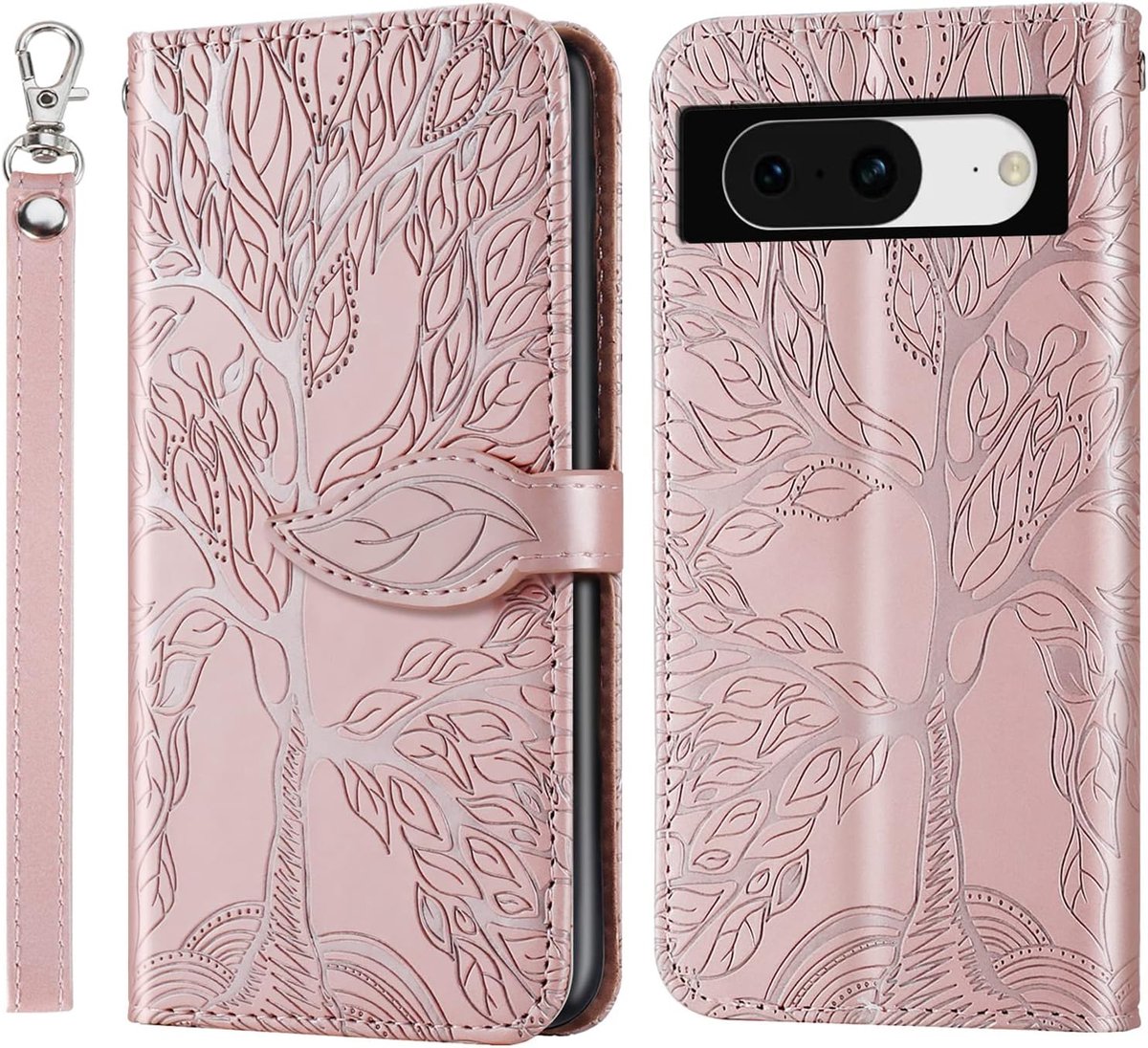 Hoes voor Google Pixel 8, PU-lederen klaphoes met magnetische sluiting en standaard, portemonneehoesje met TPU-binnenhoes en kaartsleuf voor Google Pixel 8 - Rosé Goud
