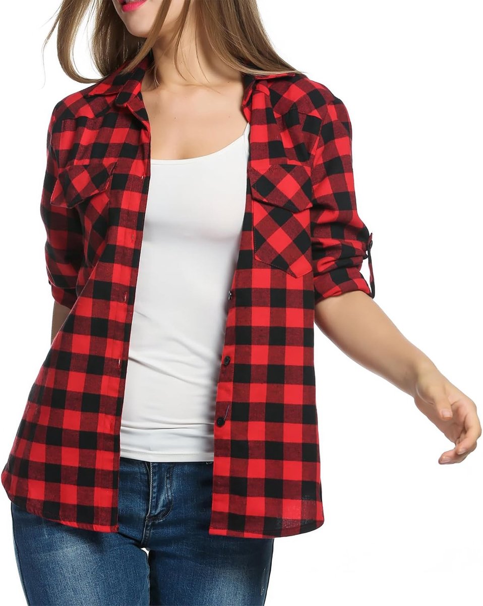 Geruite hemdblouse, voor dames, knoopsluiting, lange mouwen, Oktoberfest, blouse, geruit, tuniek, casual, V-hals, bovenstuk, flanellen hemd, tops