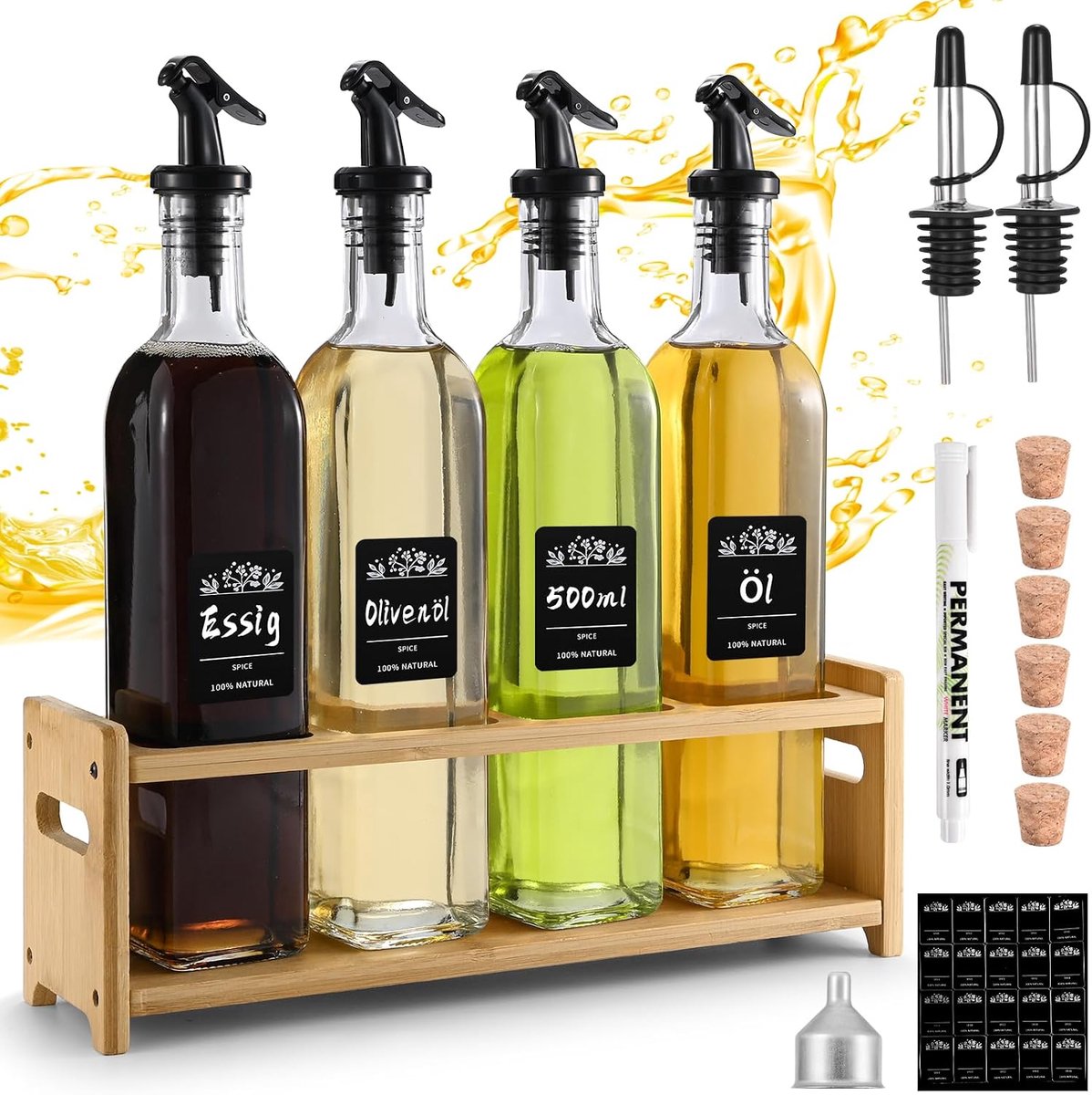 Oliefles met houten standaard, 500 ml, 4 stuks glazen flessen, olijfoliedispenser met trechter, azijn en olieflessenset, voedselveilig, loodvrij glas met etiket, kurk, voor likeuren en azijn