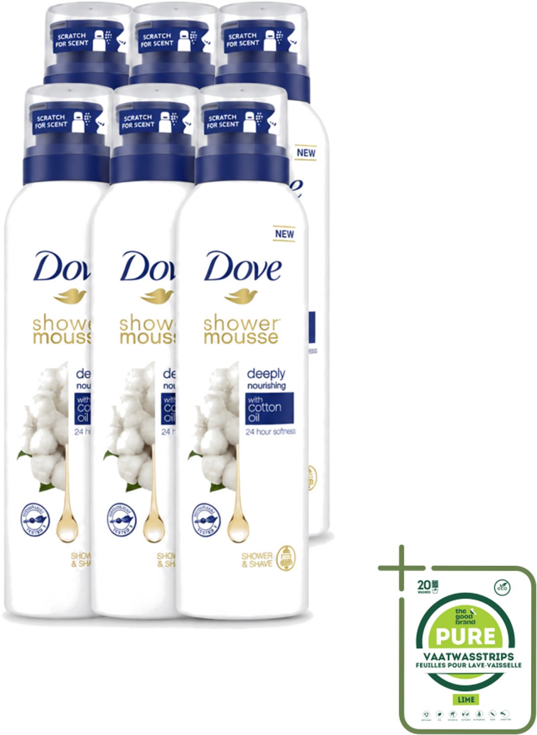 6 x Dove – Douchefoam – Deeply Nourishing Cotton Oil – 200 ml - Grootverpakking - Vaatwasstrips - Douchefoam - Huid Verzorging - Katoenzaadolie - Hydratatie - Zachte Huid