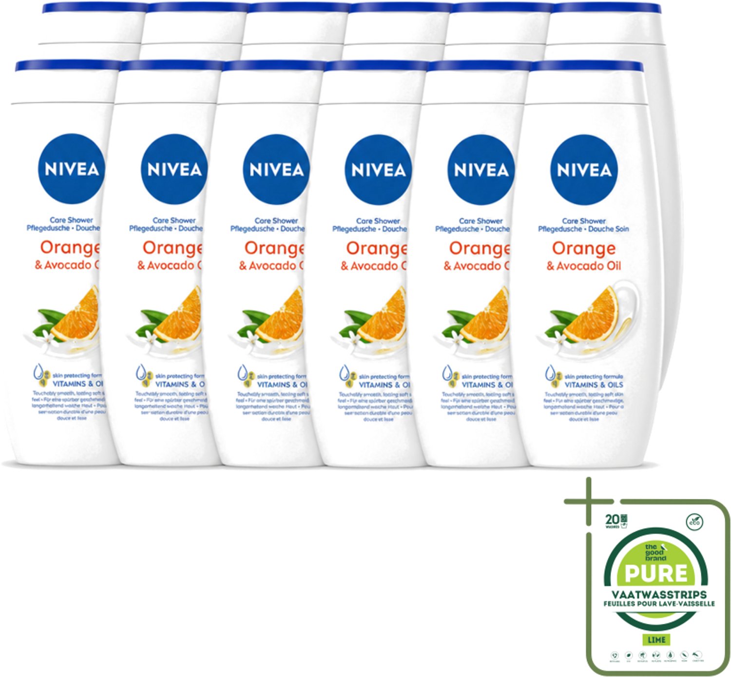 12 x Nivea - Douchegel - Orange - Voelbaar Gladde Huid - 250 ml - Grootverpakking - Vaatwasstrips - Douchegel - Huid Verzorgen - Bamboemelk - Sinaasappelgeur - Voedende Douchegel