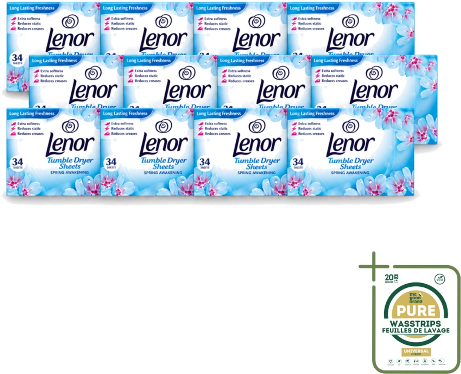 12 x Lenor - Droogtrommeldoekjes - Spring Awakening - 34 Doekjes - Wasstrips - Droogtrommeldoekjes - Droogtrommel - Frisheid - Voorjaar - Kleding