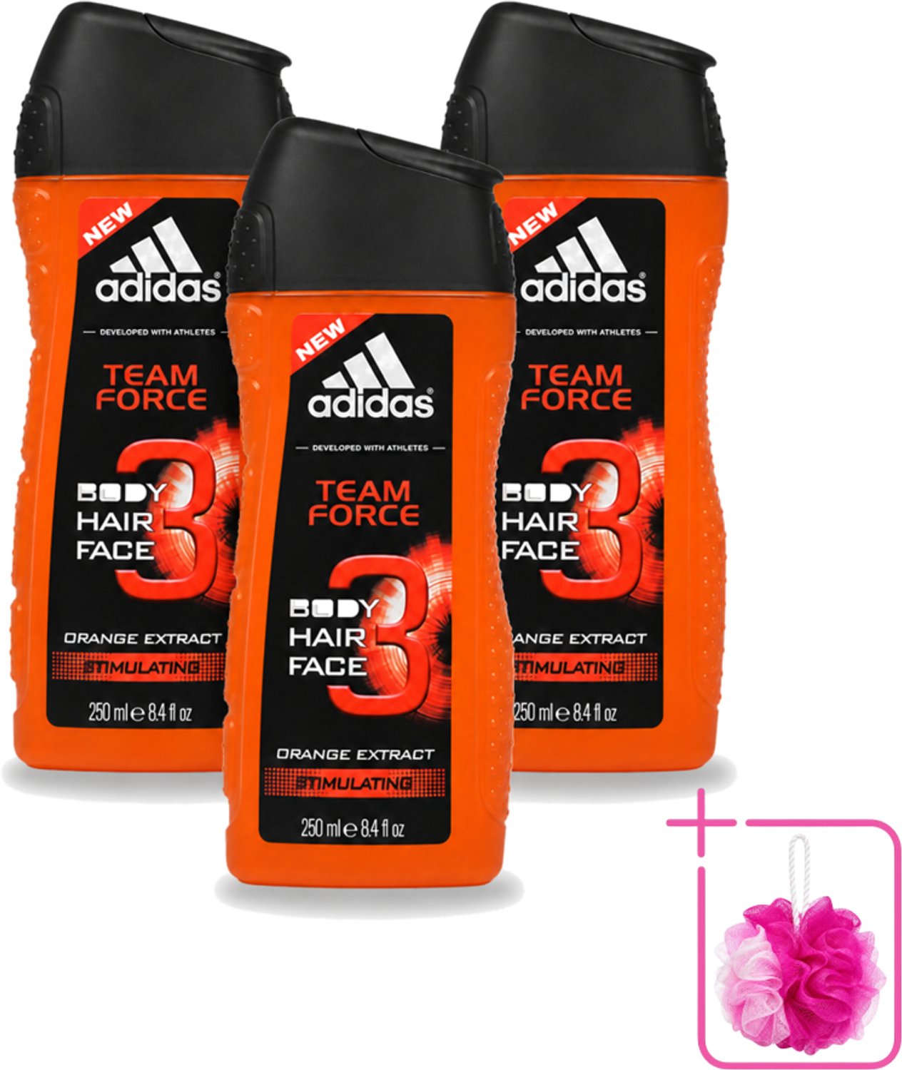 3 x Adidas - 3-in-1 Douchegel - Team Force - Sinaasappel Extract - Stimulating - 250 ml - Bulkverpakking - Douchegel - Douchemop - Energie