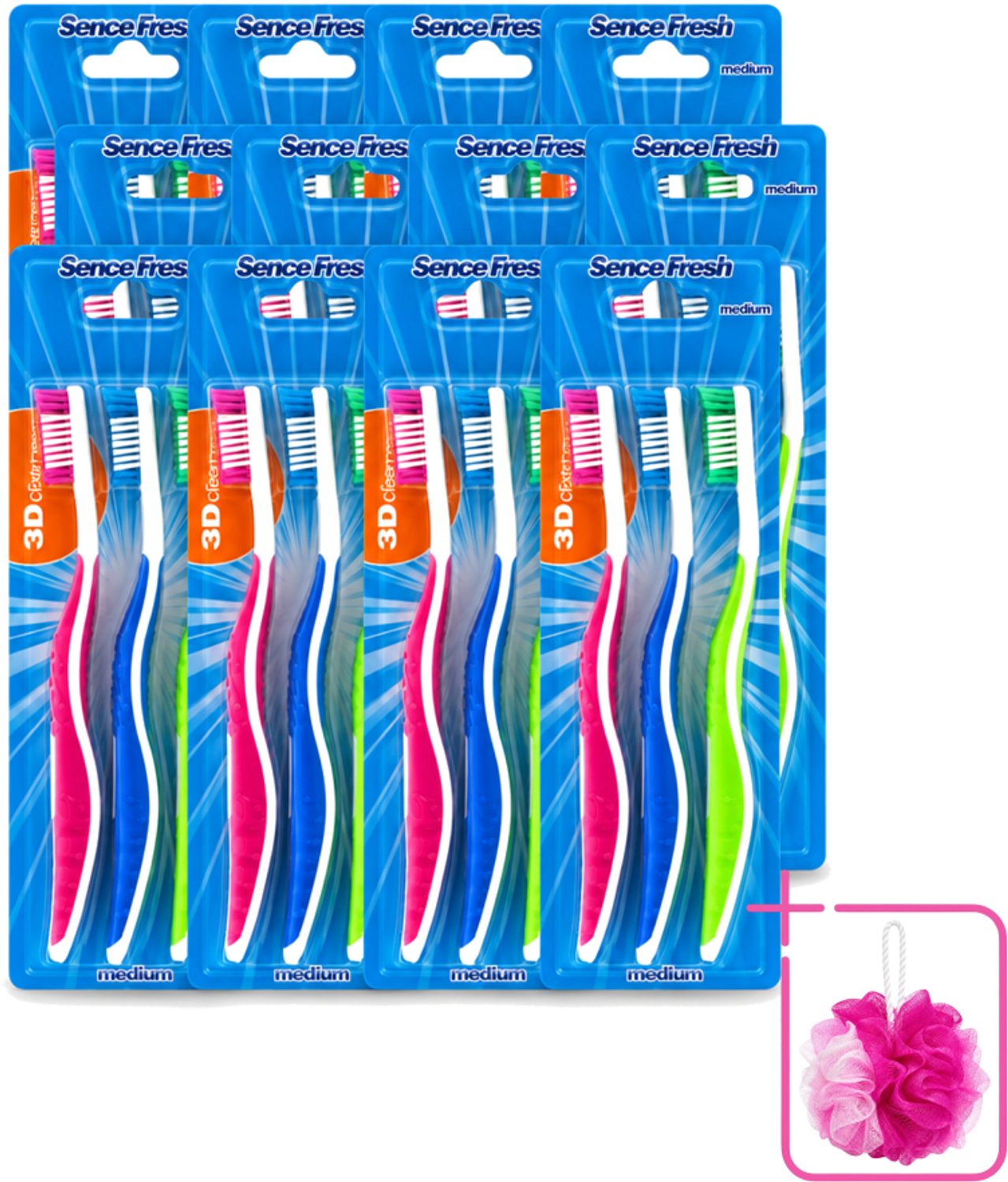 12 x Sence - Fresh 3D-Extra Clean - Tandenborstels - Medium - 3 Tandenborstels - Bulkverpakking - Tandenborstel - Douchemop - Tandenborstels