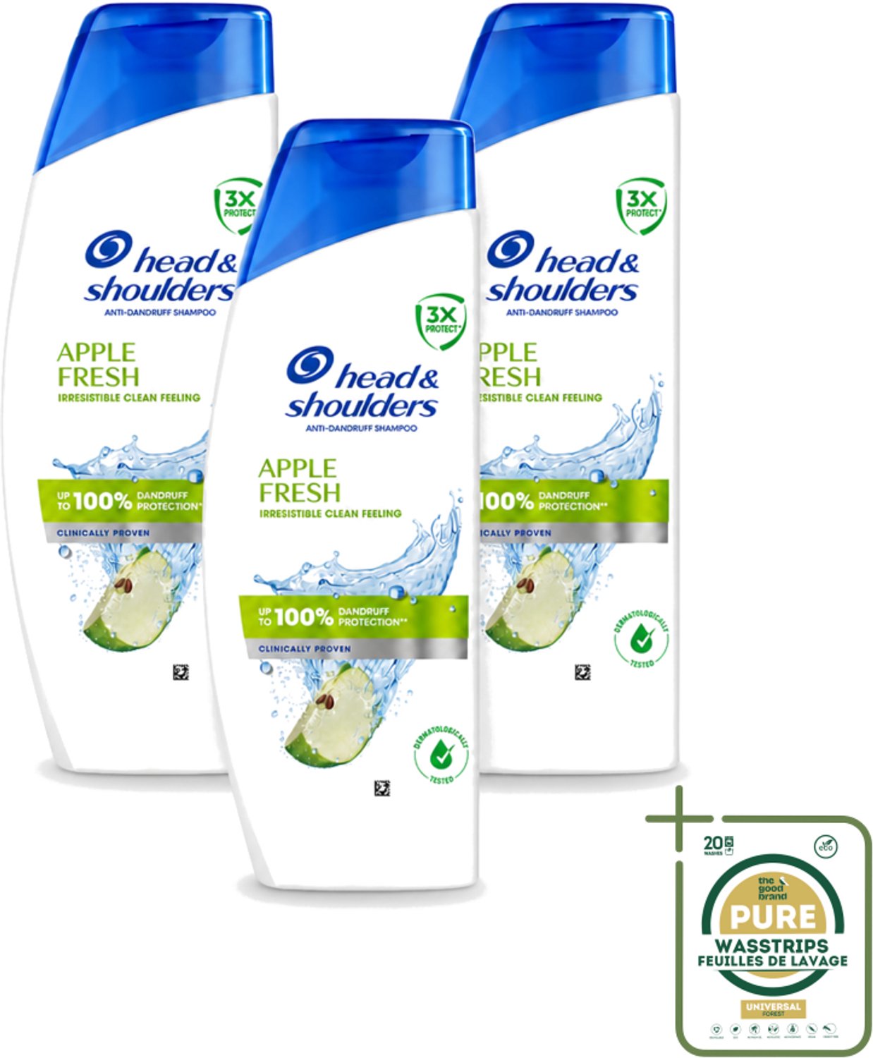 3 x Head & Shoulders - Shampoo - Apple Fresh - 250ml - Wasstrips - Roosvrij Haar - Fris Haar - Appelgeur Shampoo - Anti-roos Shampoo - Hoofdhuid Verzorging