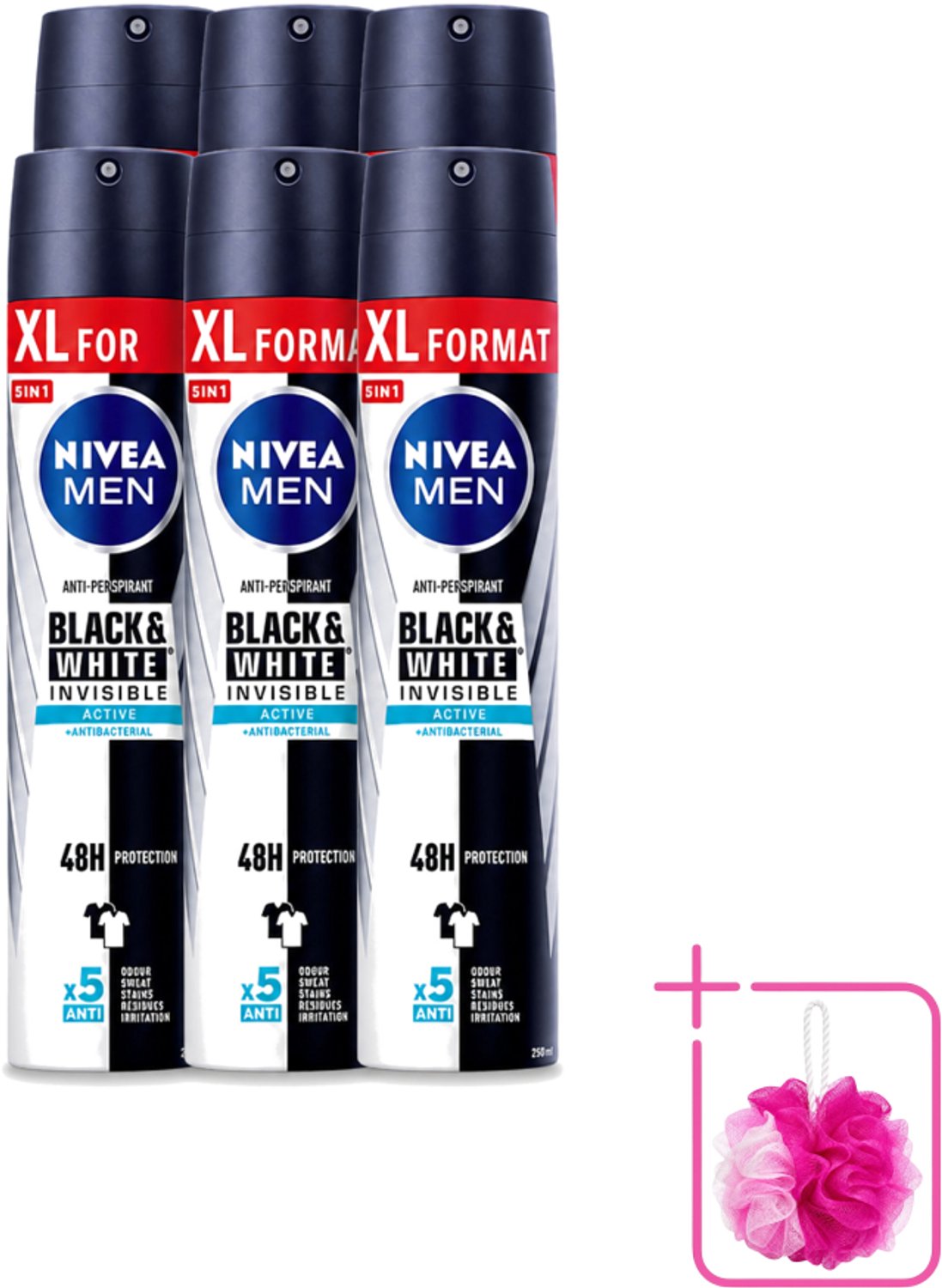 6 x Nivea - Deospray - Men - Invisible Black & White Active - 250 ml - Bulkverpakking - Deodorant spray - Anti-vlekken