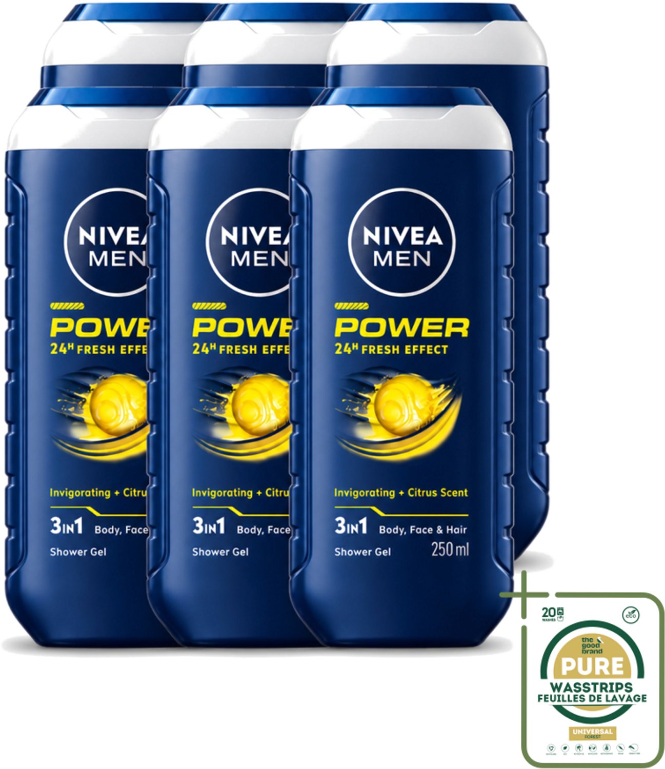 6 x Nivea - Men - Douchegel - Power Refresh - 250 ml - Wasstrips - Douchegel Voor Mannen - 3-in-1 Douchegel - Douchegel Voor Gezicht En Haar - Verfrissende Geur - PH-huidneutraal