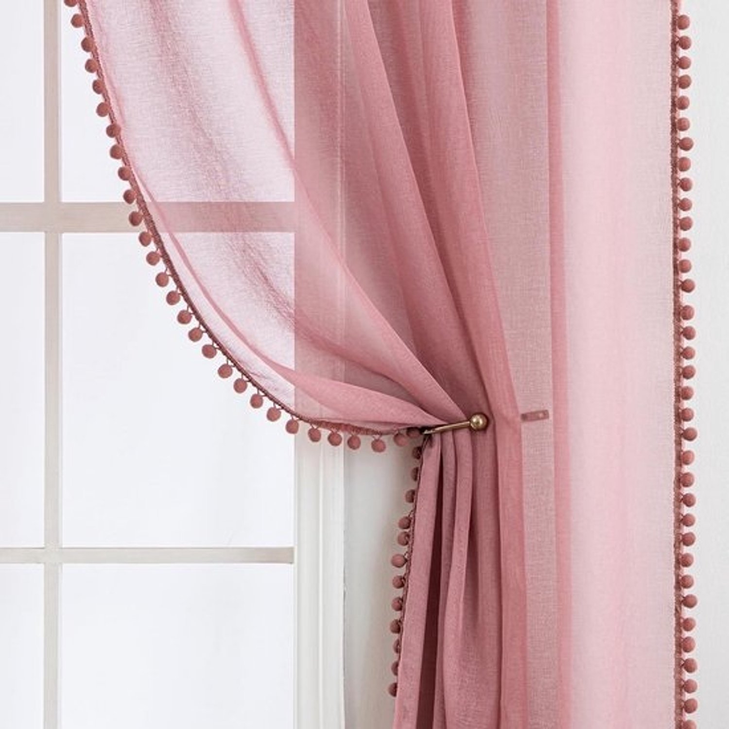 Gordijnen met pompons voor kinderkamer - Transparant oudroze - 2 stuks, 145 x 140 cm