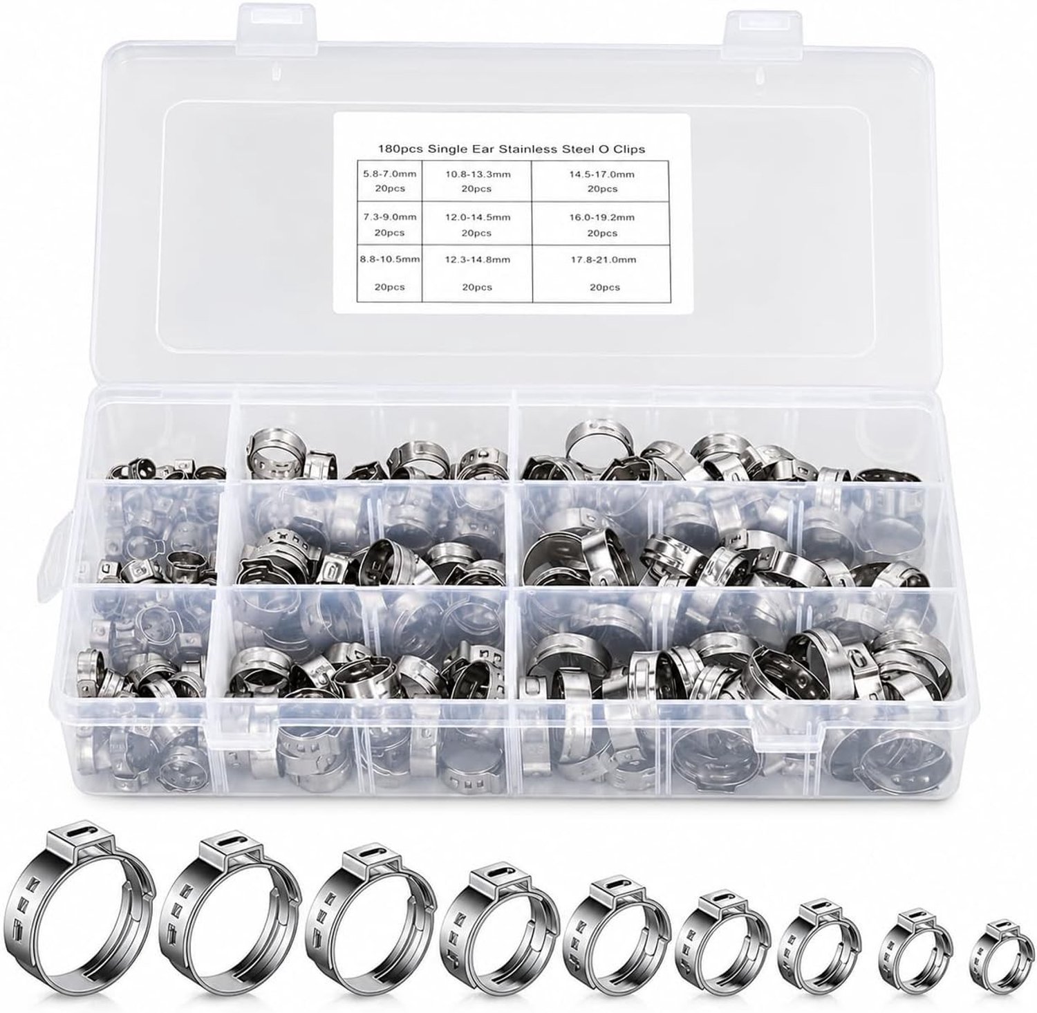 Verstelbare Metalen Slangklemmen, 9 Maten van 5.8-21 mm, RVS Slangklemmen voor Gas- en Waterleidingen (Set van 180)