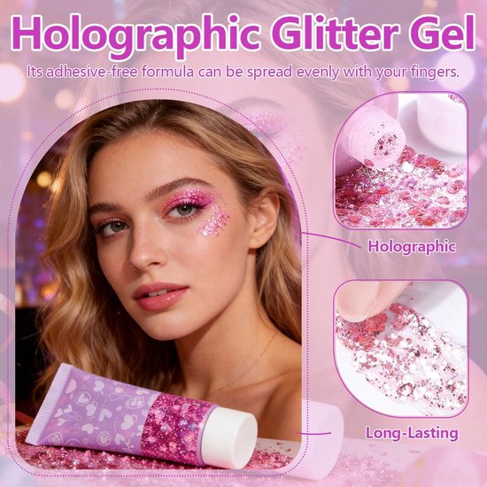 50 ml fles glitterbodylotion, glitter voor het gezicht, voor het gezicht - Cosmetisch product voor festivals,haar, nagels - Langdurige, sprankelende make-up（Roze） — afbeelding 3